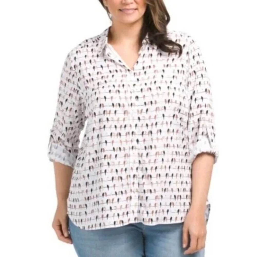 Jane and Delancey Birds on a Line Button-Down Shirt - Pink, Black, White